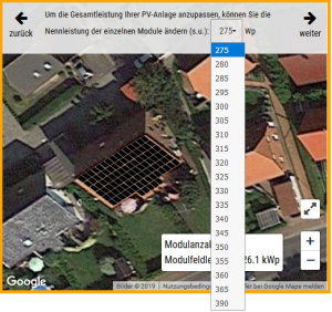 Auswahl Modulleistung in 5 Wp-Schritten