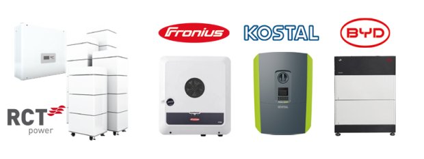 Collage Stromspeicher-Inspektion 2024 RCT, Fronius, KOSTAL, BYD