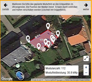 Anzeige der Modulfeldmaße, der Modulanzahl und der Modulfeldleistung